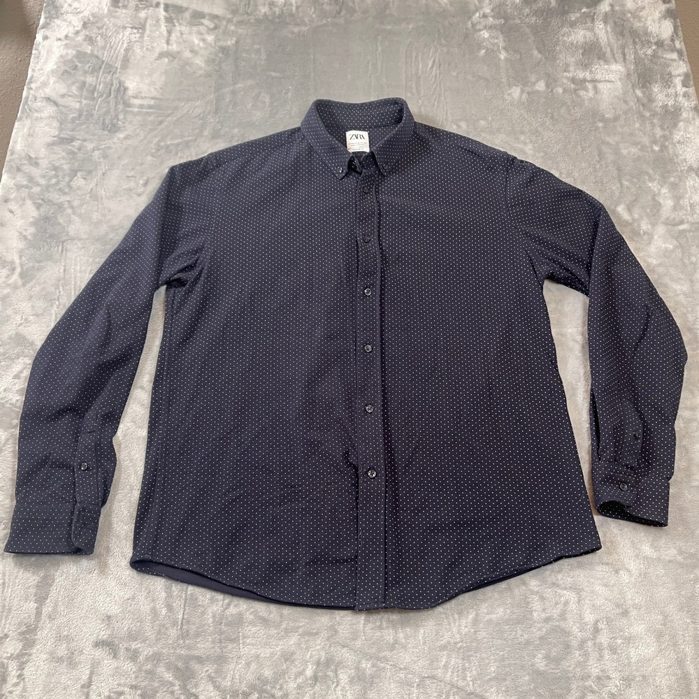ZARA Men Button Down Shirt Size XL Regular Fit Navy Blue Polka‎ Dot